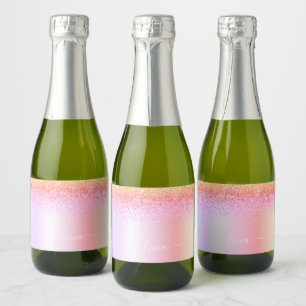 Rainbow Pastel Girly Glitter Metal Monogram Name Sparkling Wine Label