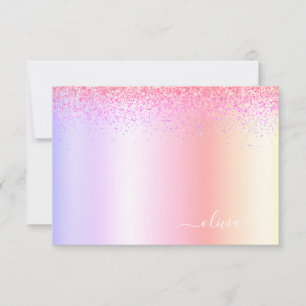 Rainbow Pastel Girly Glitter Metal Monogram Name Thank You Card