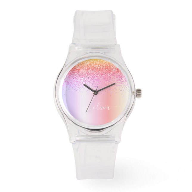 Rainbow Pastel Girly Glitter Metal Monogram Name Watch (Front)