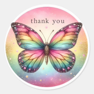 Rainbow Pastel Glitter Butterfly - Thank you - Classic Round Sticker