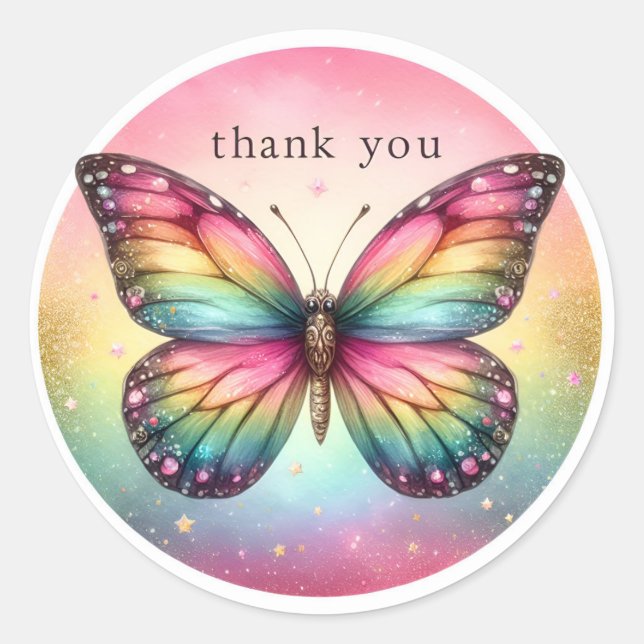 Rainbow Pastel Glitter Butterfly - Thank you - Classic Round Sticker (Front)