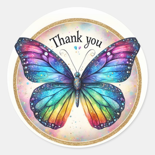 Rainbow Pastel Glitter Butterfly - Thank you - Classic Round Sticker (Front)