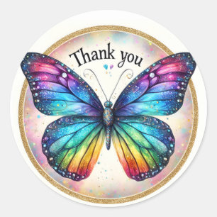 Rainbow Pastel Glitter Butterfly - Thank you - Classic Round Sticker