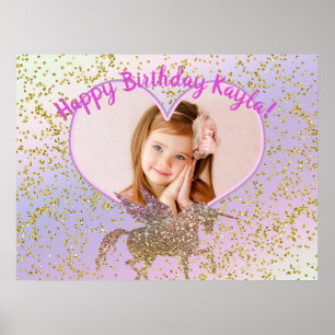 Rainbow Pastel Glitter Unicorn Party Photo Banner Poster