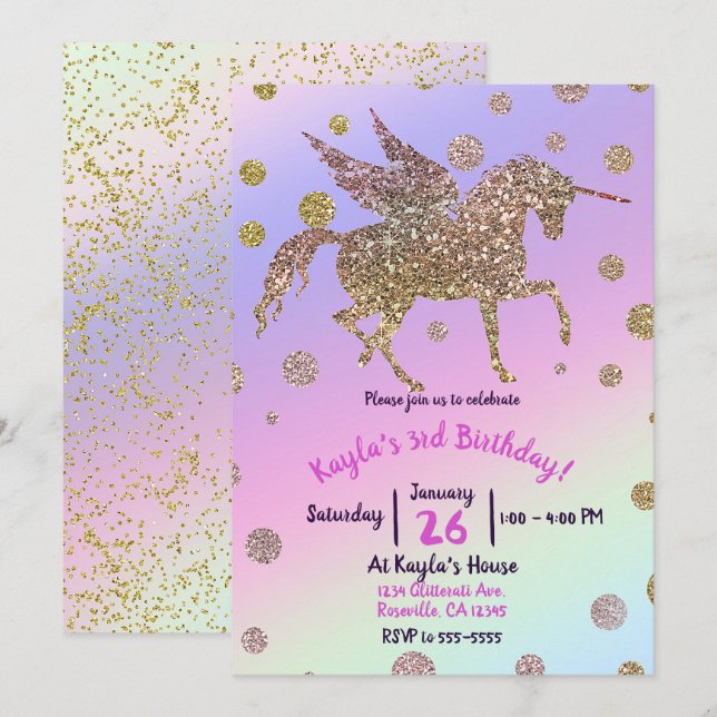 Rainbow Pastel Gold Dots Unicorn Birthday Party Invitation (Front/Back)