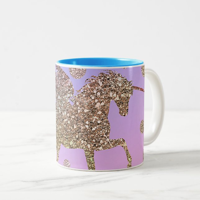 Rainbow Pastel Gold Dots Unicorn Trendy Girls Two-Tone Coffee Mug (Front Right)