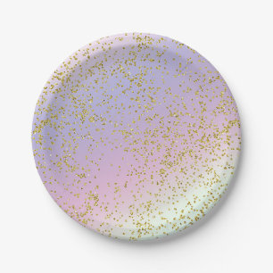 Rainbow Pastel Gold Glitter Fantasy Birthday Party Paper Plate