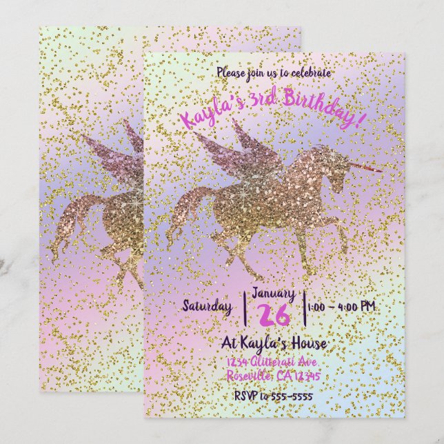 Rainbow Pastel Gold Glitter Unicorn Birthday Party Invitation (Front/Back)