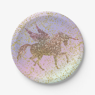 Rainbow Pastel Gold Glitter Unicorn Birthday Party Paper Plate