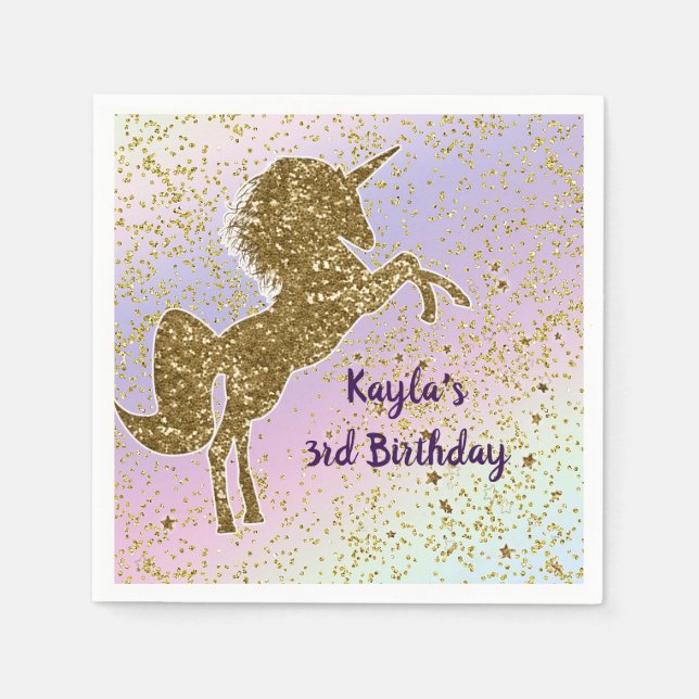 Rainbow Pastel Gold Glitter Unicorn Stars Party Napkin (Front)