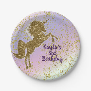 Rainbow Pastel Gold Glitter Unicorn Stars Party Paper Plate