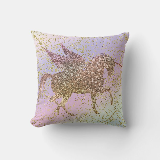 Rainbow Pastel Gold Glitter Unicorn Trendy Girls Cushion (Front)