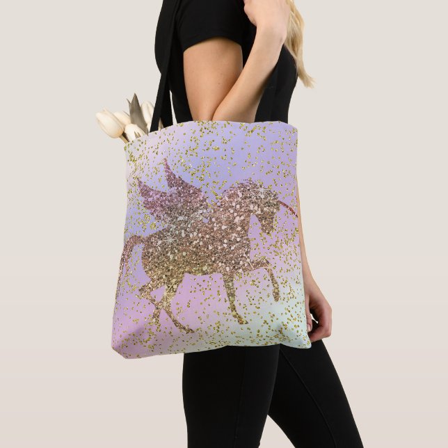 Rainbow Pastel Gold Glitter Unicorn Trendy Girls Tote Bag (Close Up)