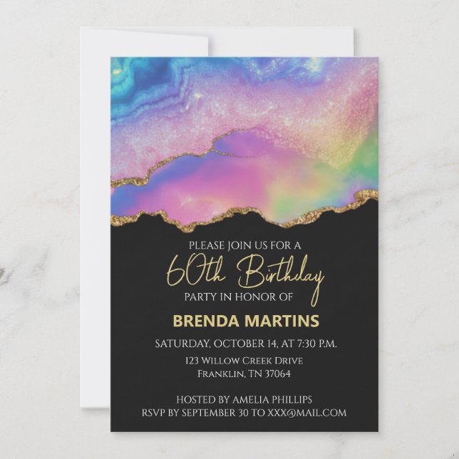 Rainbow Pastel Gold Glitter  Watercolor Invitation (Front)