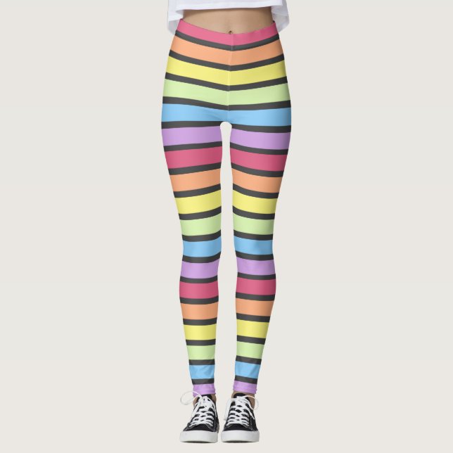 Rainbow Pastel Grey Stripes Leggings (Front)