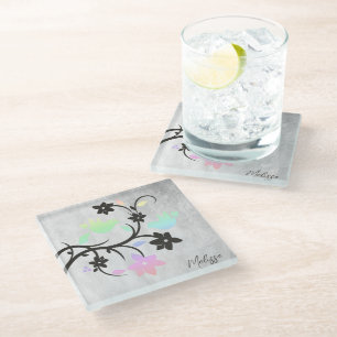 Rainbow Pastel Lovebirds Personalised Glass Coaster