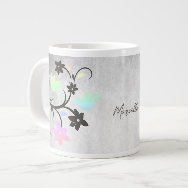 Rainbow Pastel Lovebirds Personalised Large Coffee Mug (Front Left)