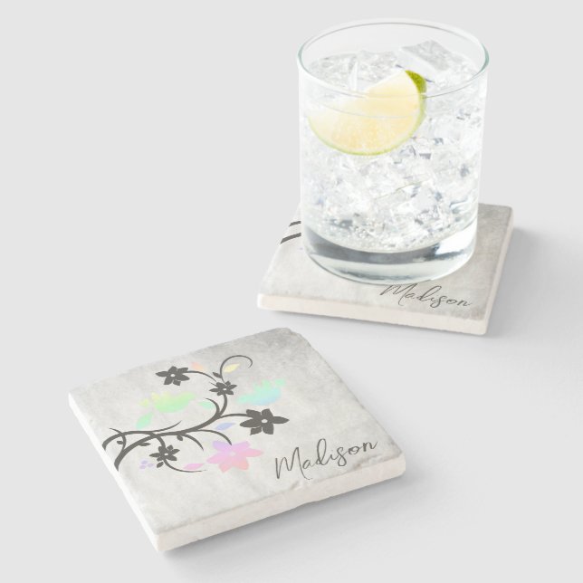 Rainbow Pastel Lovebirds Personalised Stone Coaster (Side)