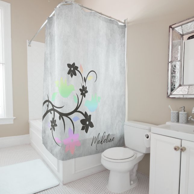 Rainbow Pastel Lovebirds Shower Curtain (In Situ)