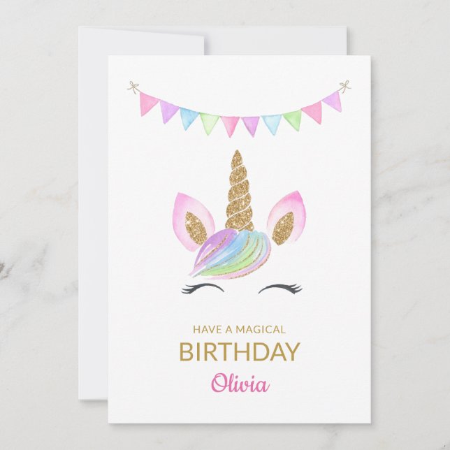 Rainbow Pastel Magical Unicorn Face Birthday Card (Front)