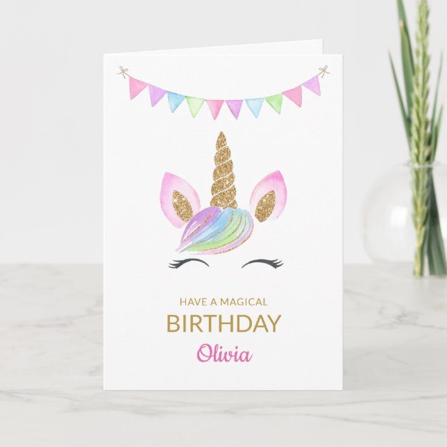 Rainbow Pastel Magical Unicorn Face Birthday Card (Front)