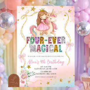 Rainbow Pastel Sequins Girl and Unicorn Fourever M Invitation