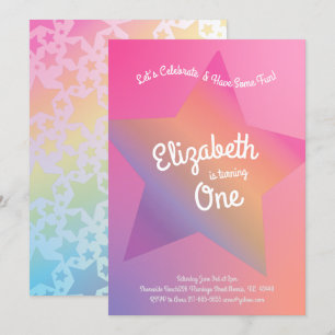 Rainbow Pastel Stars Kids 1st Birthday Party Pink Invitation
