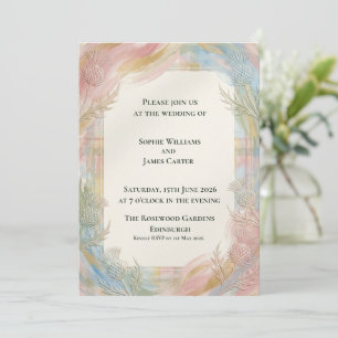 Rainbow Pastel Thistle Floral Tartan Scottish Wedd Invitation