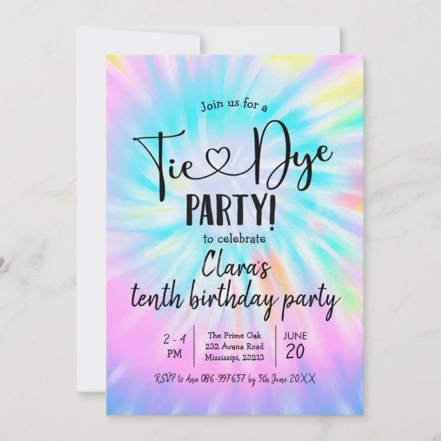 Rainbow Pastel Tie Dye Party Birthday Invitation (Front)