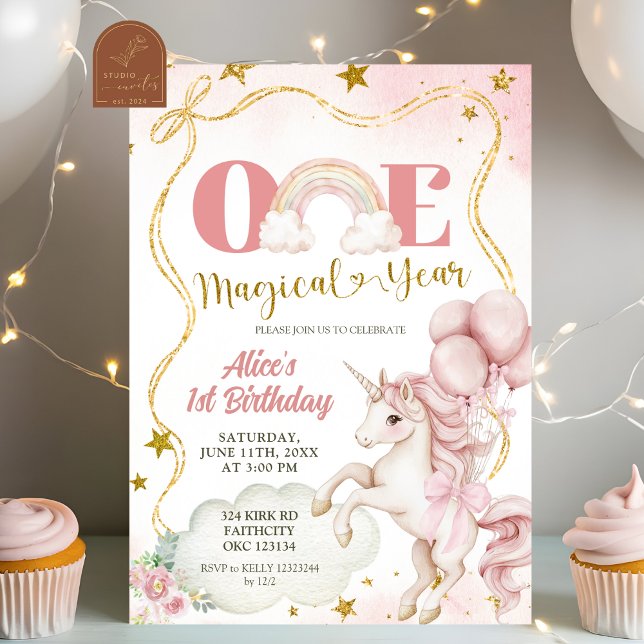 Rainbow Pastel Unicorn One Magical Year Birthday Invitation (Creator Uploaded)