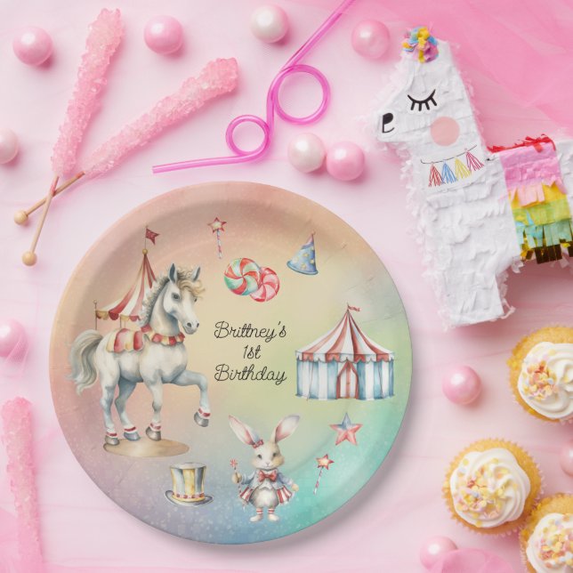 Rainbow Pastel w Animals 1st Birthday Party Paper Plate (Party)