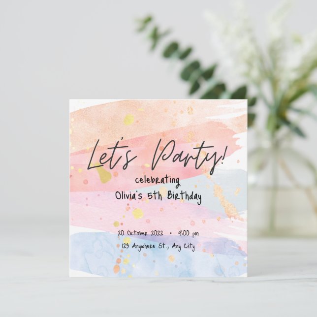 Rainbow Pastel Watercolor Birthday Invitation  (Standing Front)