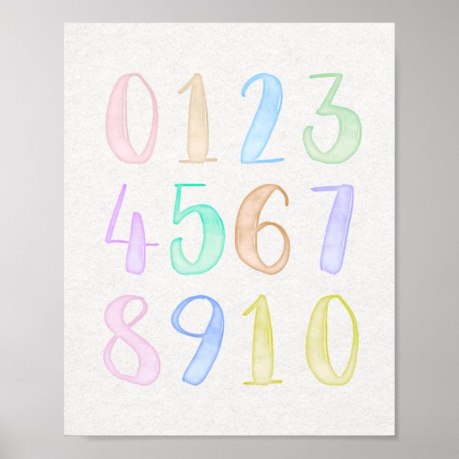 Rainbow Pastel Watercolor Numbers Kids Educational Poster (Front)