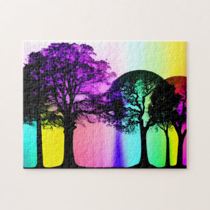 Rainbow Pastels Among Black Tree Silhouettes Jigsaw Puzzle