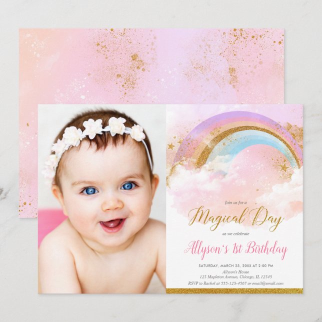 Rainbow pastels pink and gold birthday party photo invitation (Front/Back)