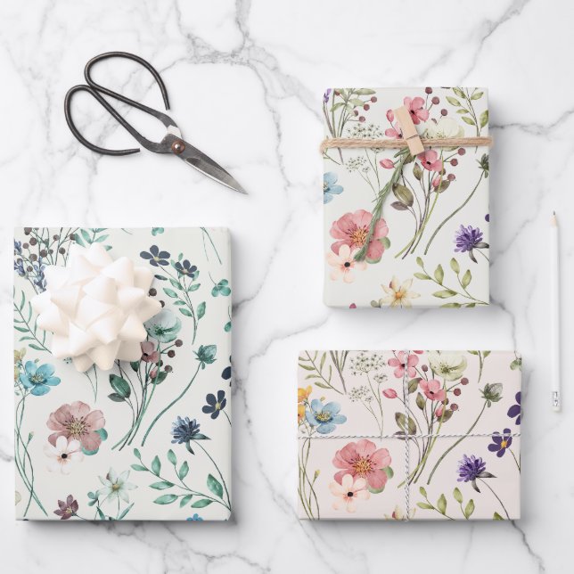 Rainbow Pastels Watercolor Wildflower Meadow Wrapping Paper Sheet (Front)