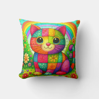 Rainbow Patchwork Whimsical Colourful Kitty Cushion