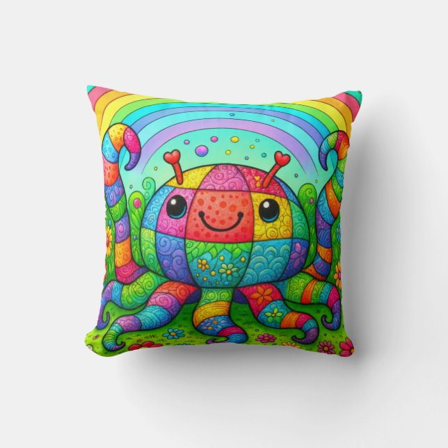 Rainbow Patchwork Whimsical Colourful Octopus Cushion (Front)