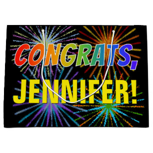 Rainbow Pattern "CONGRATS", Custom Name, Fireworks Large Gift Bag