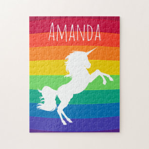 Rainbow Pattern White Unicorn Personalised Custom Jigsaw Puzzle