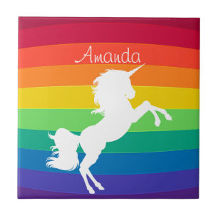 Rainbow Pattern White Unicorn Personalised Custom Tile