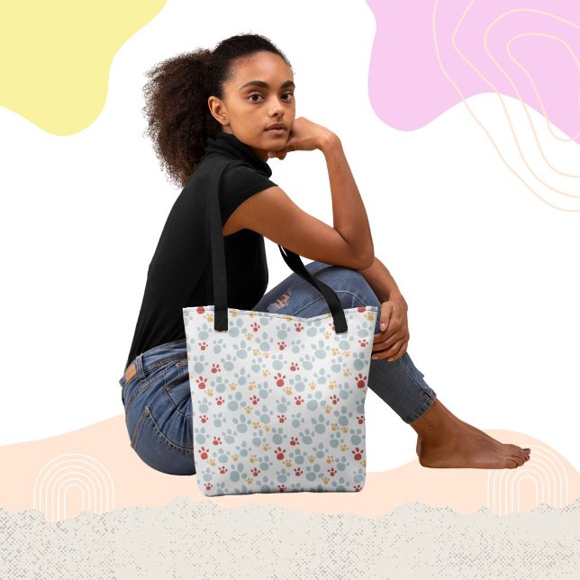 Rainbow Paw Print Pattern Tote Bag (Fun and whimsical paw print pattern tote bag design.)