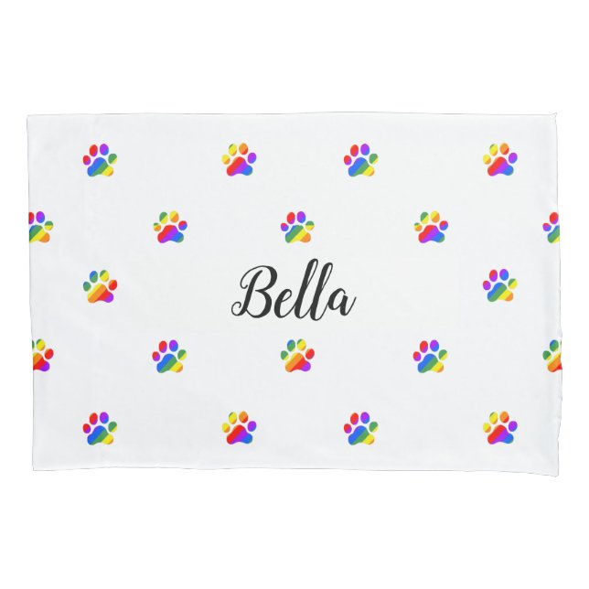Rainbow Paw Prints Custom Name Pillow Case (Front)