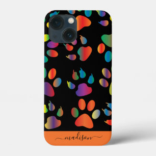 Rainbow Pawprint Pattern Personalised Name iPhone 13 Mini Case