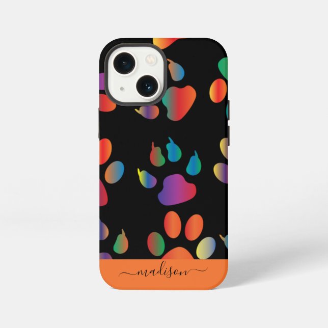 Rainbow Pawprint Pattern Personalised Name iPhone Case (Back)