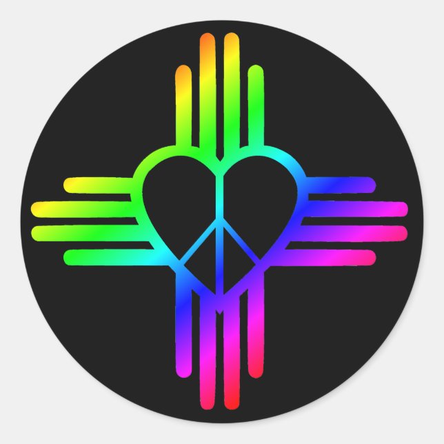 Rainbow Peace Heart Zia on black Classic Round Sticker (Front)