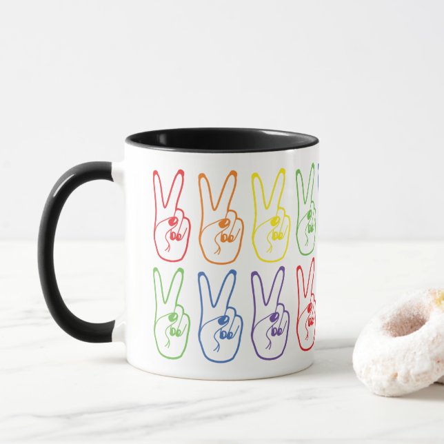 Rainbow Peace Sign Left Hand Colourful Deuces Mug (With Donut)