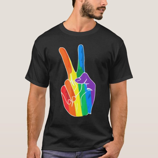 Rainbow Peace Sign Love Lesbian Gay LGBT Pride T-Shirt (Front)