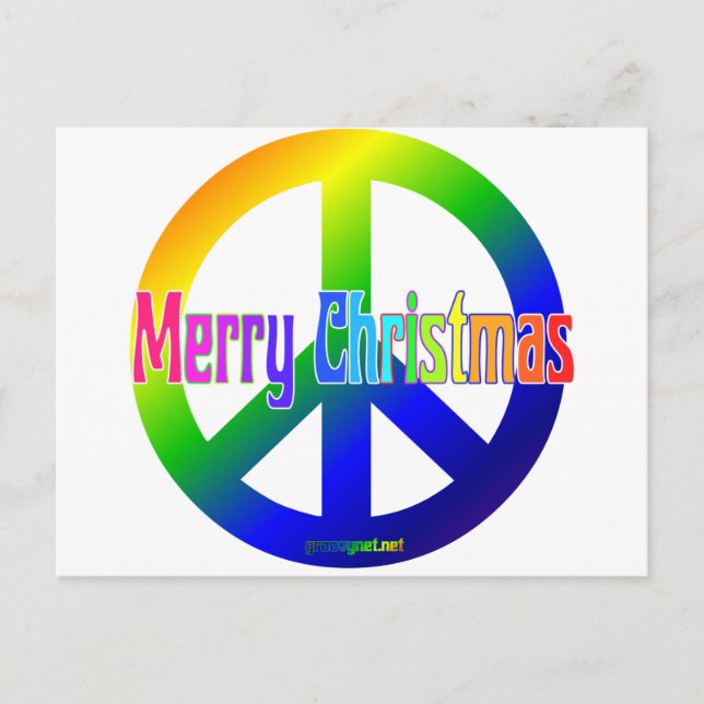 Rainbow Peace Sign with Merry Christmas! Holiday Postcard (Front)