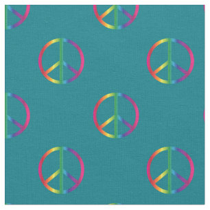 Rainbow Peace Signs Teal Fabric